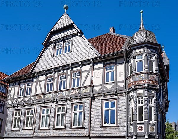 Half-timbered house decorated with carvings in the old town