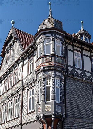 Half-timbered house decorated with carvings in the old town