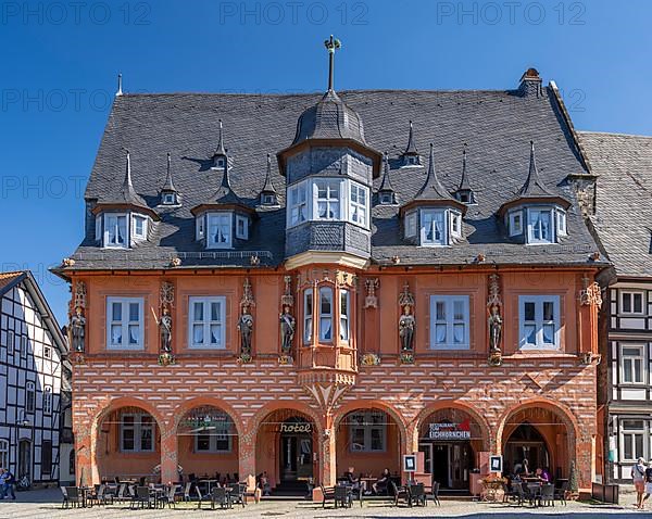 Historical guildhall Kaiserworth from1484 with wooden emperor figures