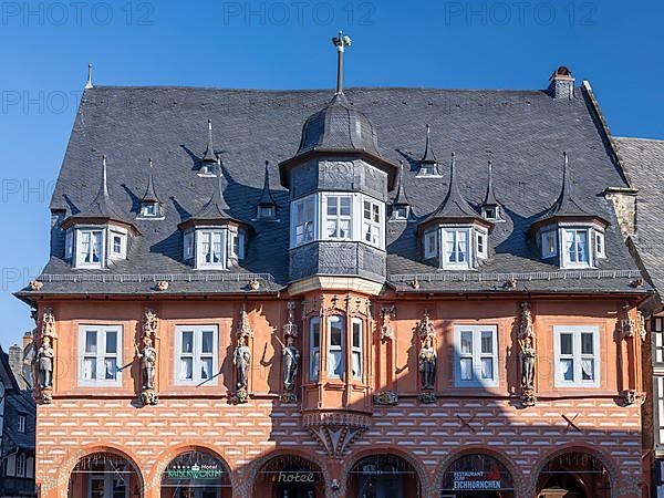 Historical guildhall Kaiserworth from1484 with wooden emperor figures