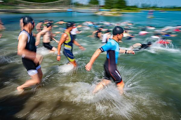 Swimmers at the start discipline at the 27th Stadttriathlon in Erding