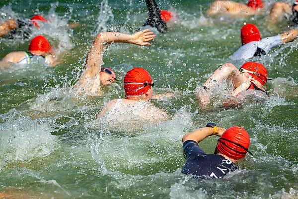 Swimmers at the start discipline at the 27th Stadttriathlon in Erding