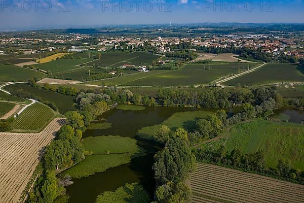 View of Pozzolengo town and the peat bog in the Mantelli area hinterland Lake Garda