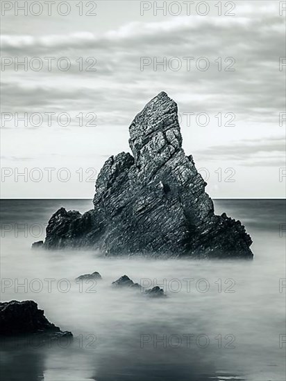 Rocks on Sango Sands Beach Bay Durness in long exposure black and white