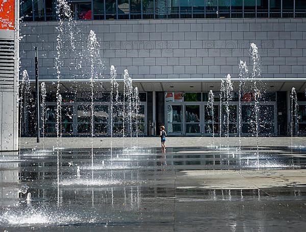 Water fountains on the forecourt of the Mercedes Benz Arena