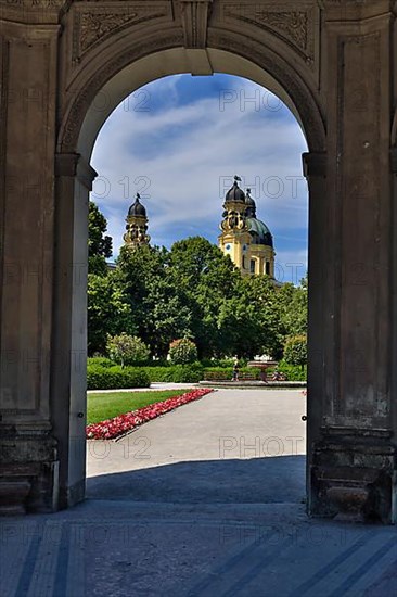 Courtyard garden with view of Theatine Church in summer