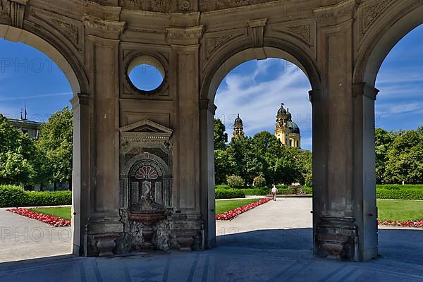 Courtyard garden with view of Theatine Church in summer