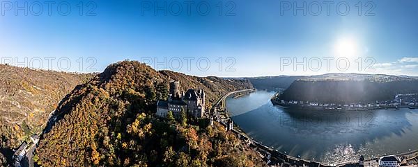 Aerial view of Katz Castle with a view of the Rhine and St. Goar