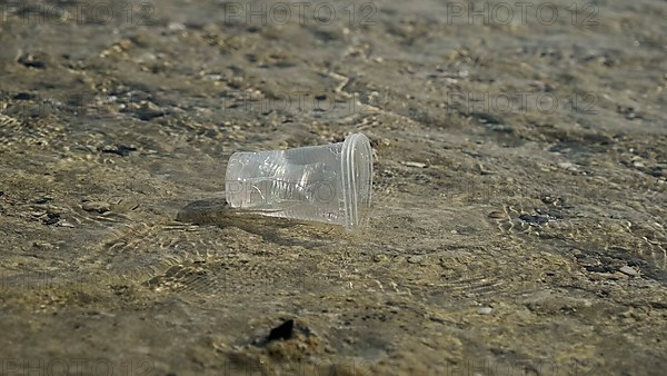 Transparent plastic cup is carried away by the wind to the sea in the coastal zone. Plastic pollution of the surf zone. Red sea