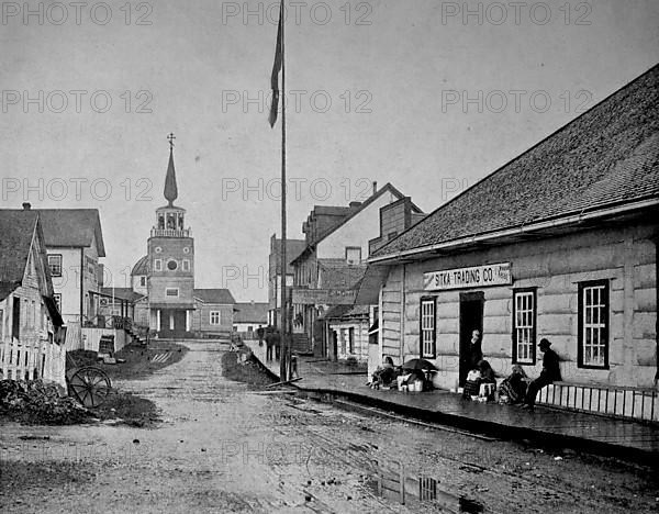 Street scene in the centre of Sitka on a rainy day