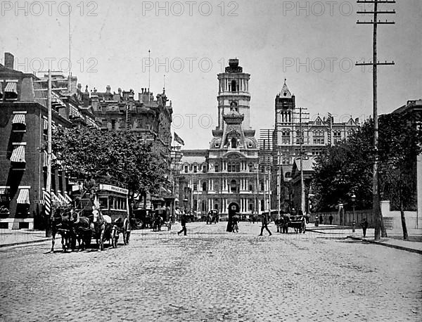 The City Hall at the intersection of Broad Street and Market Street in the city of Philadelphia in the state of Pennsylvania