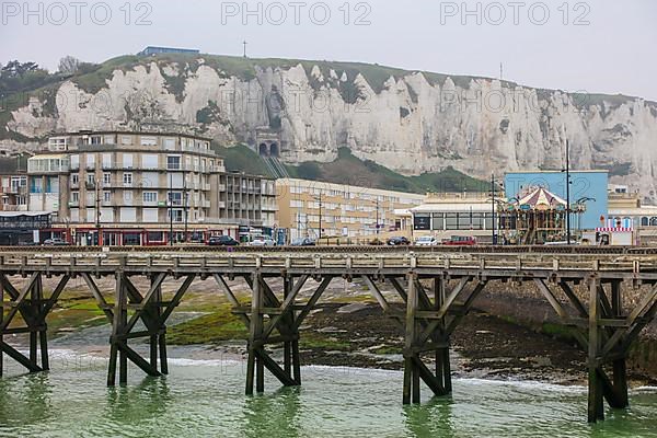 Coastal village of Le Treport at the mouth of the Bresle on the English Channel with Europe's highest chalk cliff and casino