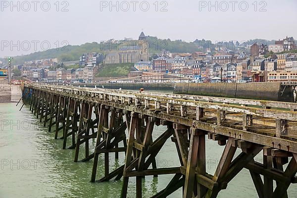 Coastal village of Le Treport at the mouth of the Bresle on the English Channel with Saint-Jacques church