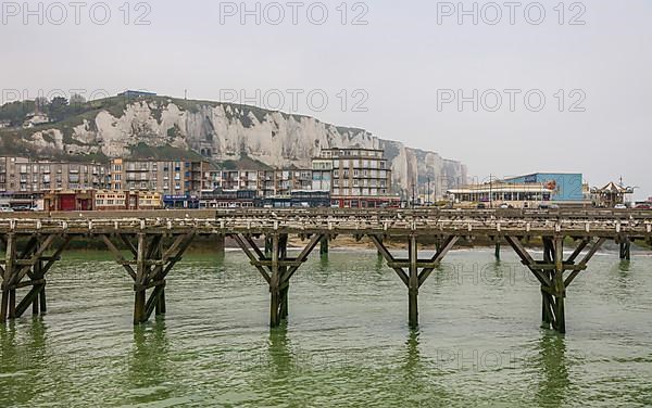 Coastal village of Le Treport at the mouth of the Bresle on the English Channel with Europe's highest chalk cliff and casino