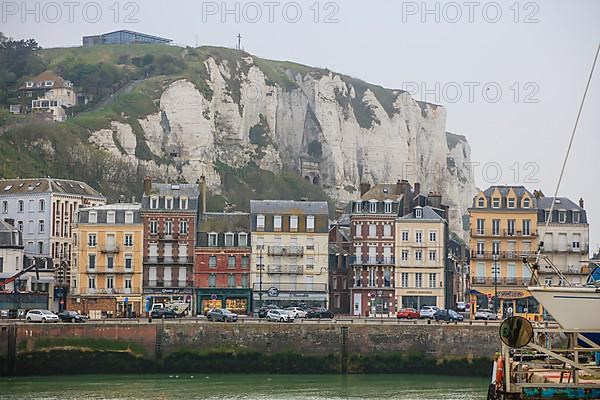 Coastal village of Le Treport at the mouth of the Bresle on the English Channel with the highest chalk cliff in Europe