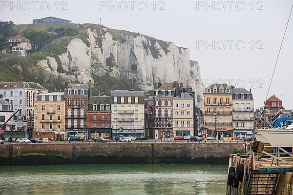 Coastal village of Le Treport at the mouth of the Bresle on the English Channel with the highest chalk cliff in Europe