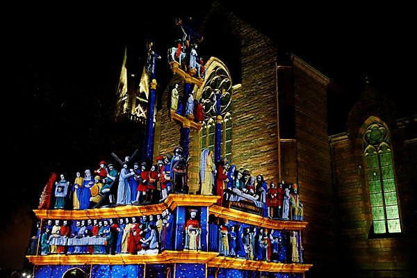 Christmas light projections on the Calvary of Plougastel-Daoulas next to the church of Saint Pierre