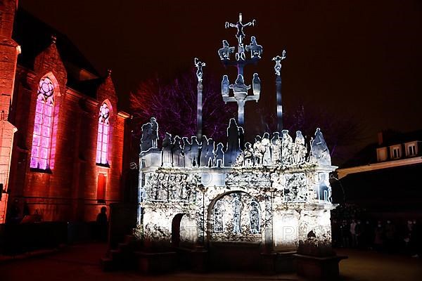 Christmas light projections on the Calvary of Plougastel-Daoulas next to the church of Saint Pierre