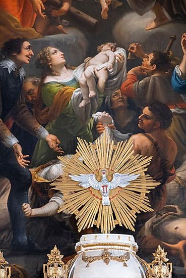 Pentecost dove in front of the altarpiece in the high altar of the collegiate parish church of St. Philip and St. James in Altoetting