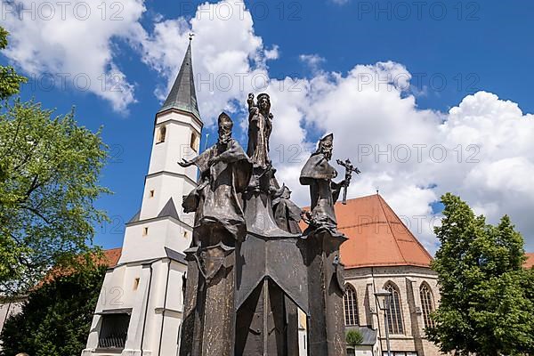 Fountain in front of the collegiate parish church of St. Philip and St. James in the pilgrimage town of Altoetting