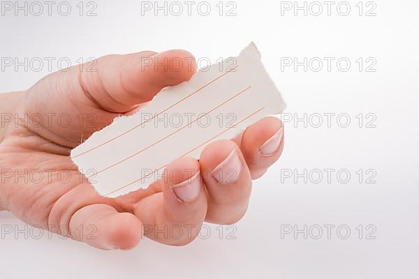 Hand holding a piece of torn lined paper on a white background