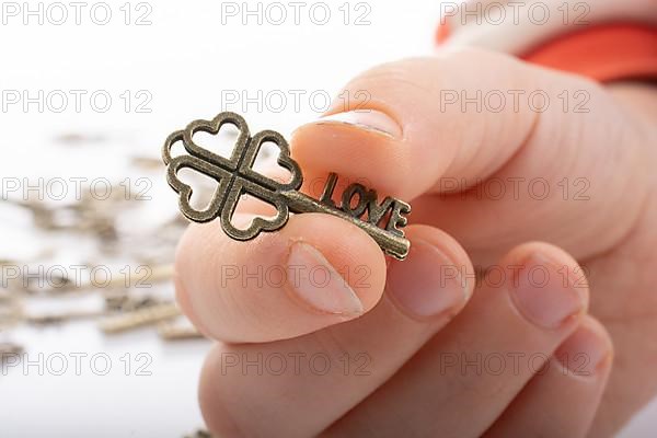 Hand and retro style metal keys on a white background