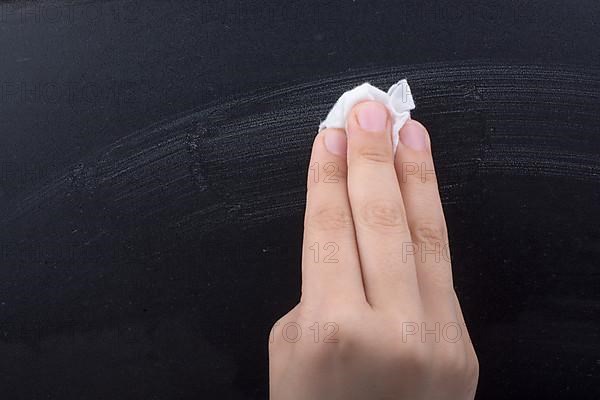 Hand cleaning blackboard on a white background