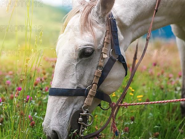 Horse eating in soft green grass in the field under tree