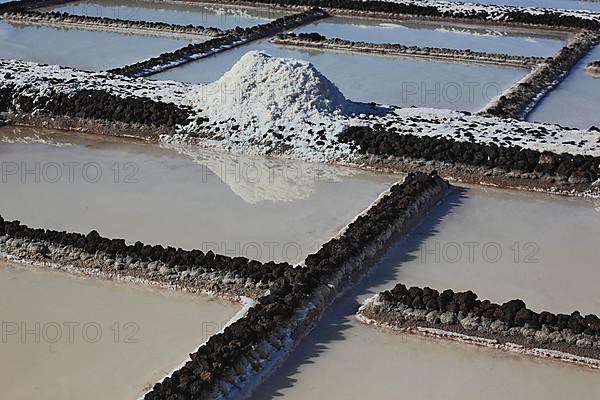 Crystal pools and salt mountains of the salt works in Fuencaliente at the Punta de Fuencaliente