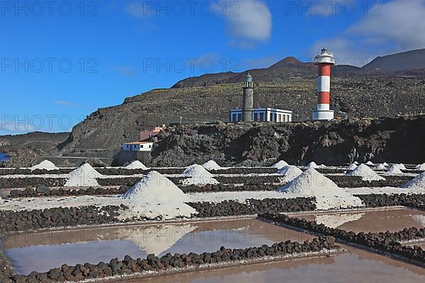 Crystal pools and salt mountains of the salt works in Fuencaliente at the Punta de Fuencaliente