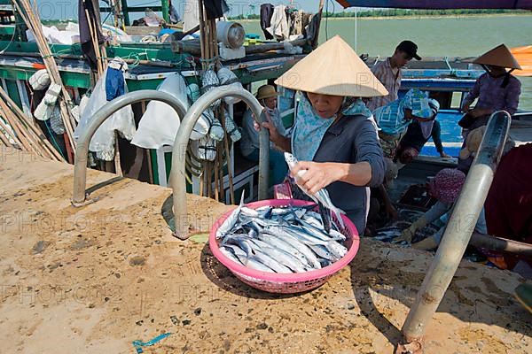 Small fishing pier on the Thu Bon River where a fishing boat is unloaded