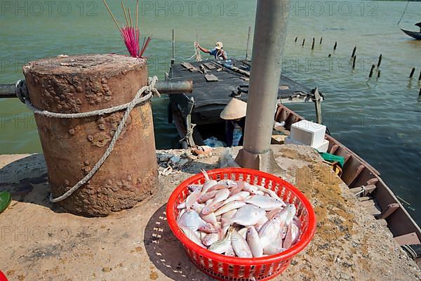 Small fishing pier on the Thu Bon River where a fishing boat is unloaded