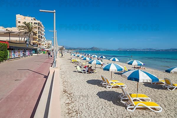 Beach promenade with sandy beach sun loungers and parasols, Can Picafort