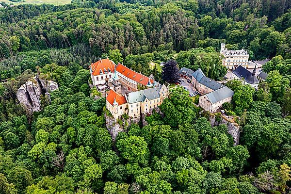 Aerial of Hruba Skala castle, Bohemian paradise