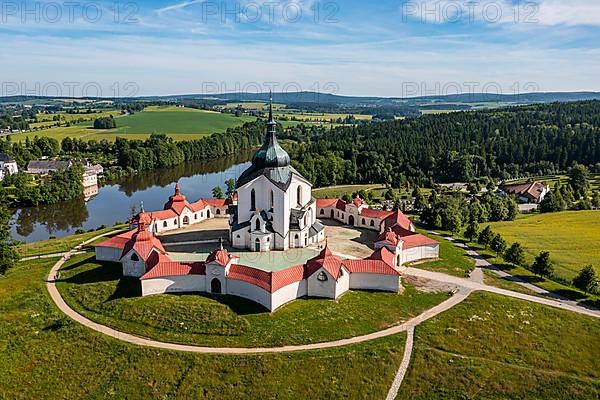 Aerial of the Unesco site Pilgrimage Church of Saint John of Nepomuk, Czech Republic