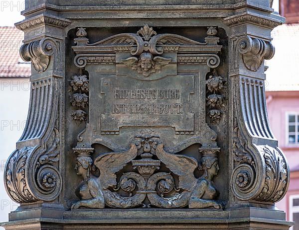 Luther monument by the sculptor Adolf von Donndorf from 1895 on Karlsplatz in Eisenach. Pedestal with the inscription "Ein feste Burg ist unser Gott". The reformer Martin Luther,