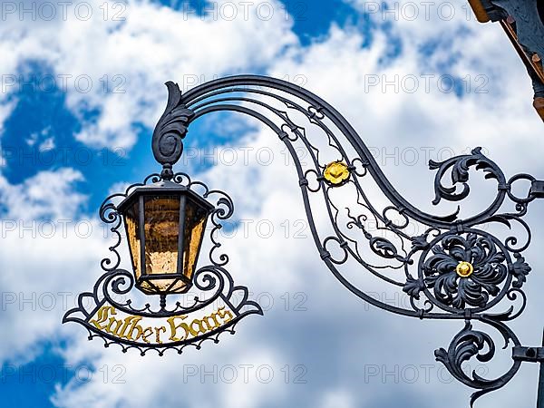 Lamp with nose sign at the Luther House in Eisenach. This is where the reformer Martin Luther lived with the Cotta family during his school years from 1498-1501, today museum