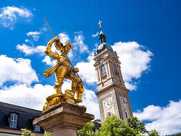 Sculpture of St. George with gilded armour as dragon slayer at St. George's Fountain in front of the Georgenkirche, Eisenach