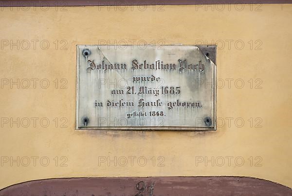 Sign above the entrance door at the Bach House, birthplace of Johann Sebastian Bach. The musician and composer was born here on 21. 03. 1685