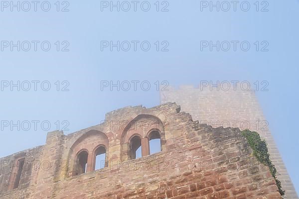 Castle Henneburg in the morning mist, Stadtprozelten