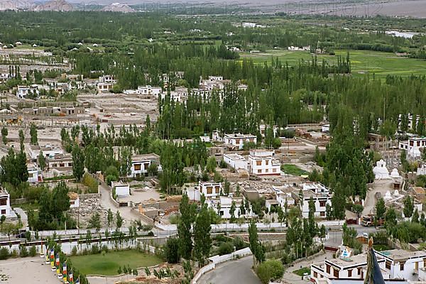 View of Tibetan houses from Thiksey or Thikse Gompa, Ladakh