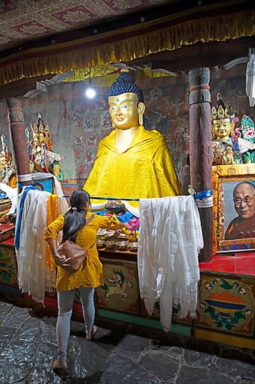 Ladakhi woman making offerings to the Buddha, Thiksey Monastery or Thikse Gompa