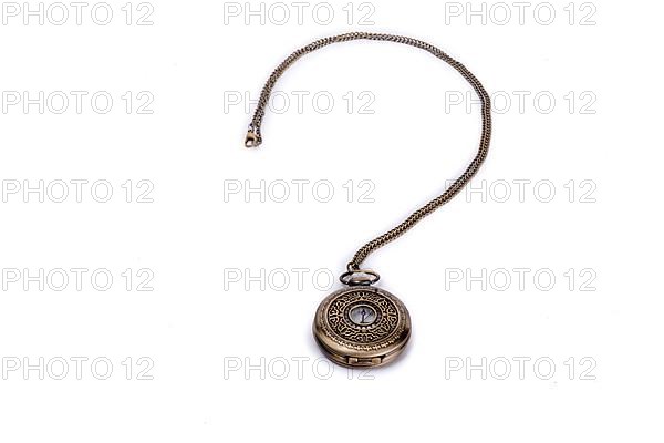 Pocket watch and its chain form a question mark on white background,