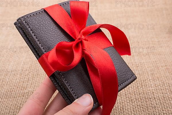 Brown color ribbon onbrown linen canvas,