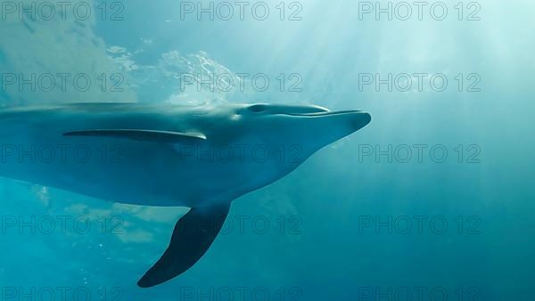 Young bottlenose dolphin swim under surface of the blue water in sunrayse. Black sea, Ukraine