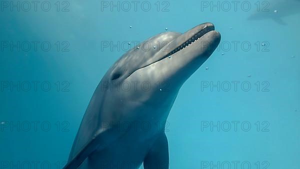 Young curious bottlenose dolphin looks at in the camera and smiles open-mouthed. Dolphin selfies. close up. Black sea, Ukraine