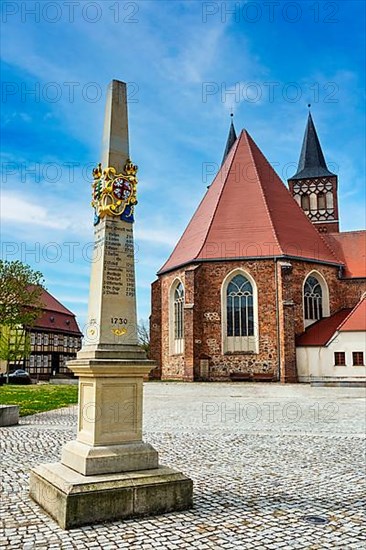 Postal milestone column in front of St. Sebastian's parish church, Baruth Mark