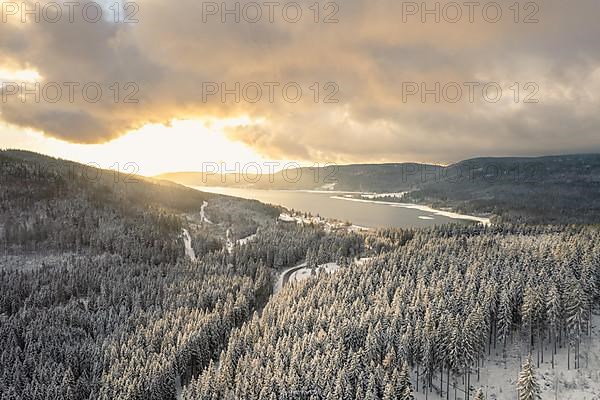 Aerial view of winter landscape at Schluchsee in the Black Forest, Germany