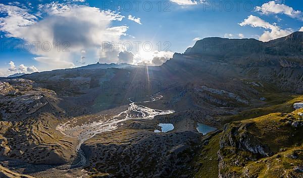 Aerial view of the landscape of the glacier forefield at the Tsanfleuron glacier near the Sanetsch Pass, Canton Valais