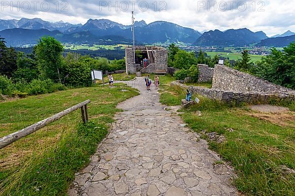 View of the Alps with Aggenstein and Breitenberg in the middle, Eisenberg castle ruins near Pfronten